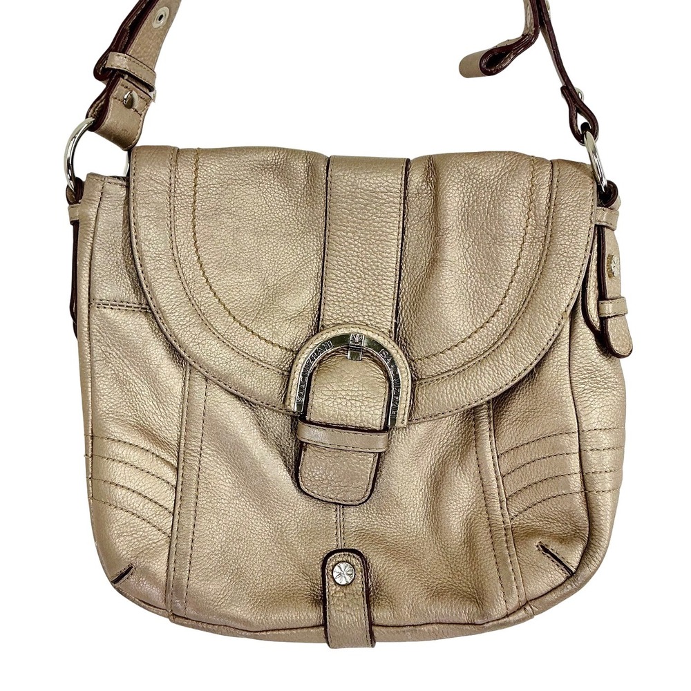 Isaac Mizrahi Leather‎ Shoulder Bag Metallic Gold Flap Saddle Purse